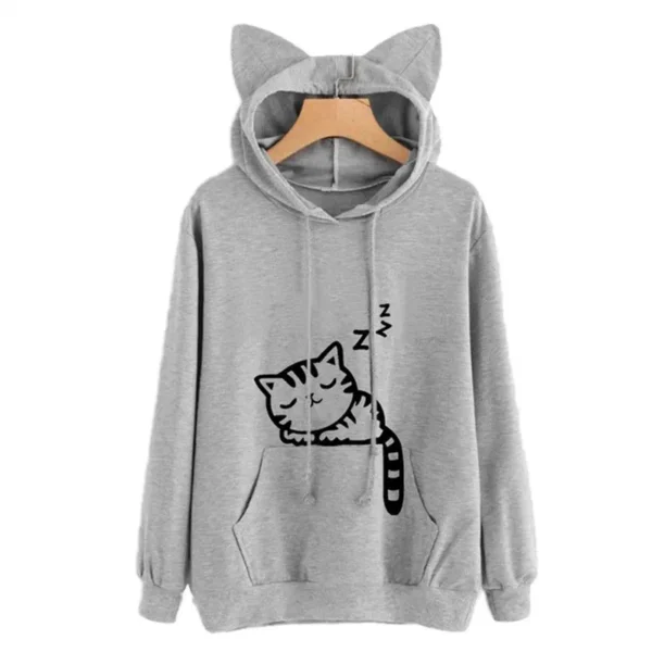 Women’s Cat Print Hoodie Long Sleeve Pullover with Ears & Kangaroo Pocket