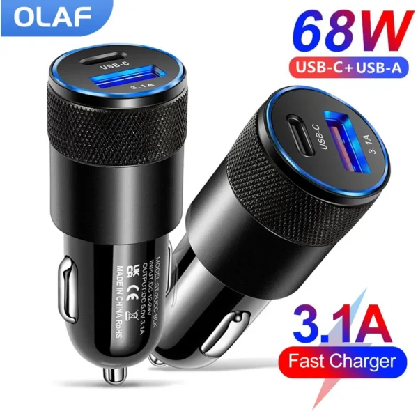 Fast Car Charger Type-C Adapter For iphone Samsung 68W Quick Charge USB Type-A
