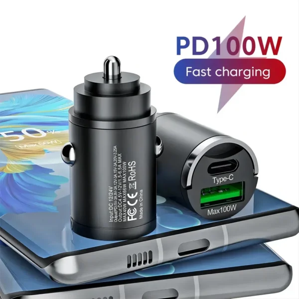 Mini 100W PD QC Fast Car Charger USB-C Adapter for iPhone Xiaomi Samsung Huawei