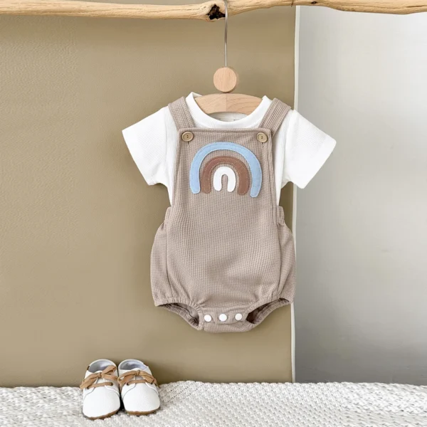 Baby Girl Boy Summer Romper Set 2PCS Waffle Overalls + T-Shirt Newborn