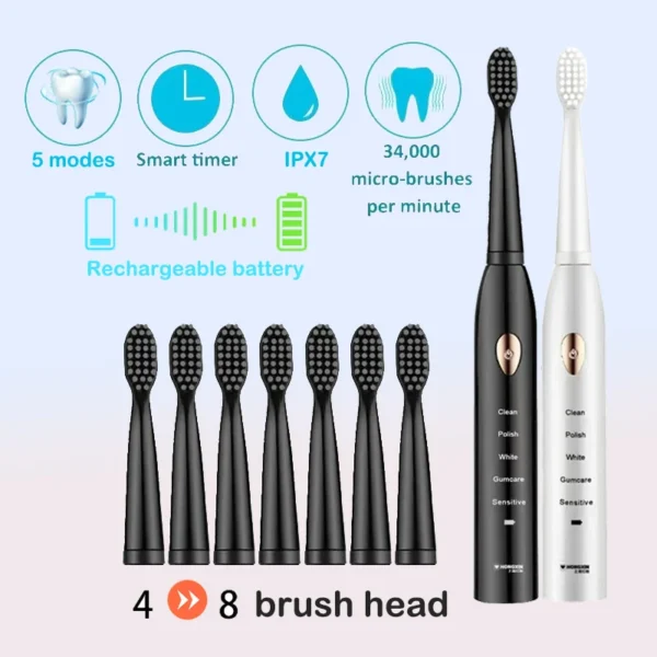 Electric Toothbrush USB Rechargeable 5 Modes Timer with Head & Portable Cradle